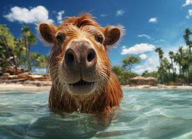 ai généré mignonne rouge vache nager dans le mer l'eau avec bleu ciel Contexte photo