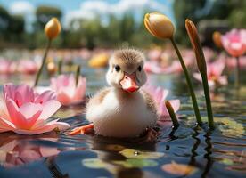 ai généré peu caneton nager dans une Lac avec rose l'eau fleurs de lys. photo