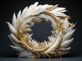 ai généré magnifique d'or et blanc plumes sur une noir Contexte. photo