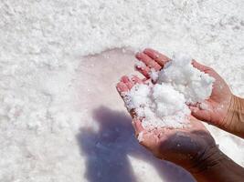 les femmes mains avec sel dans sa mains contre le toile de fond de sel lac. photo