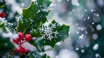 ai généré une houx arbre avec neige flocons et houx baies photo