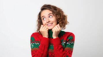 ai généré une femme dans une Noël chandail posant pour le caméra photo