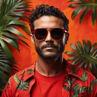 ai généré une homme avec ardent rouge des lunettes de soleil des stands dans de face de une vibrant tropical Contexte photo