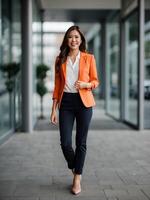 ai généré Jeune content jolie souriant professionnel asiatique affaires femme, content sur de soi positif femelle entrepreneur photo