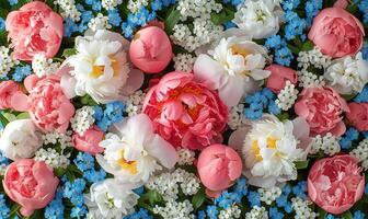 ai généré rose et blanc fleurs avec myosotis photo