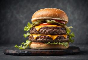 ai généré savoureux Nouveau cheeseburger sur vieilli gris toile de fond. Nouveau nous cuisine photo