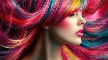 ai généré magnifique femme avec multicolore cheveux et Créatif faire en haut et coiffure. beauté affronter. photo