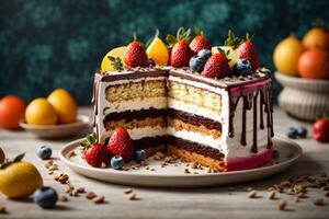 ai généré tranche de gourmet Frais baie gâteau une culinaire chef-d'oeuvre avec une délicieux mélange de Frais baies photo