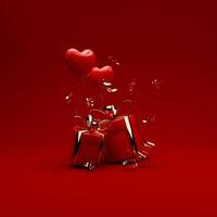 3d rendu rouge et or Valentin à thème de confettis, cadeau des boites, et l'amour des ballons pour social médias Publier modèle photo