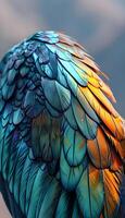 ai généré une proche en haut de une coloré des oiseaux plumes photo