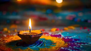 ai généré une allumé bougie séance sur Haut de une coloré table tissu photo