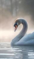 ai généré une cygne est nager dans le l'eau sur une brumeux journée photo