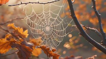 ai généré une araignée la toile pendaison de une arbre branche photo