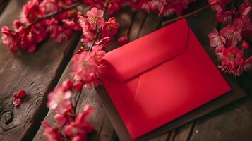 ai généré une rouge enveloppe séance sur Haut de une en bois table photo