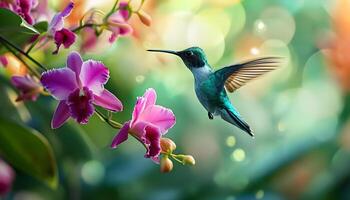 ai généré une colibri en volant plus de une bouquet de violet fleurs photo