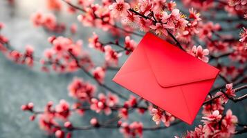 ai généré une rouge enveloppe séance sur Haut de une arbre photo