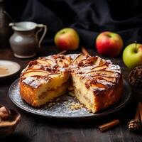 ai généré Pomme gâteau dans assiette sur gris en bois table photo