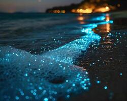 ai généré une proche en haut de une plage avec bleu lumières photo