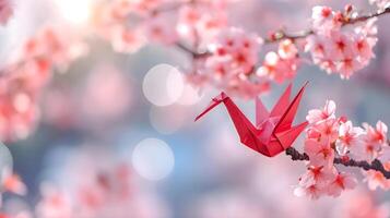 ai généré une rouge origami oiseau séance sur une branche de une épanouissement arbre photo