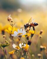 ai généré une abeille sur une fleur dans une champ photo