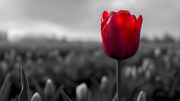 ai généré une Célibataire rouge tulipe dans une noir et blanc champ photo