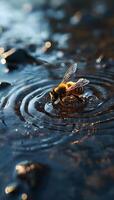 ai généré une abeille séance sur Haut de une flaque de l'eau photo