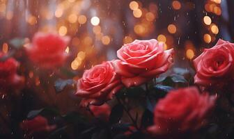 ai généré magnifique rose des roses avec bokeh effet sur foncé bleu Contexte photo