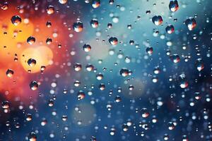ai généré pluie gouttes sur fenêtre verre avec bokeh Contexte photo