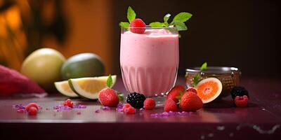 ai généré fruit yaourt smoothie avec Frais baies dans une verre photo