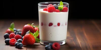 ai généré fruit yaourt smoothie avec Frais baies dans une verre photo