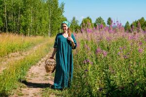 Jeune femme dans populaire paysan vêtements avec une osier panier des promenades le long de une champ route photo