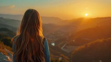 ai généré côté vue de femelle voyageur avec longue ondulé cheveux permanent sur point de vue et observer pittoresque paysage avec montagnes en dessous de le coucher du soleil ciel photo