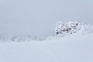 rocheux plateau couvert avec Profond neige en dessous de une hiver ciel, cellule tours sont visible dans le distance dans le brouillard photo