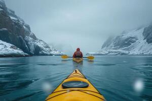 ai généré kayakistes sur une mer kayaks dans du froid Arctique baie photo