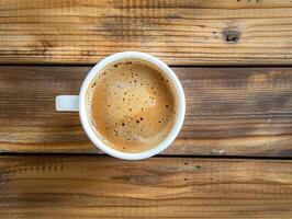 ai généré Haut vue café avec blanc tasse sur bois tableau. photo