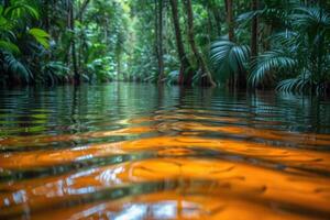 ai généré rivière dans une inondé tropical forêt illuminé par le Soleil photo