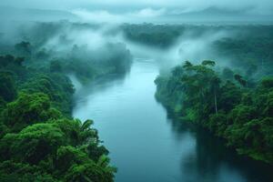 ai généré aérien vue de une brumeux tropical forêt tropicale pendant rivière inonder photo