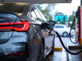 ai généré gris voiture à gaz station étant rempli avec carburant photo