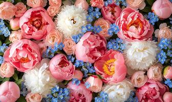 ai généré rose et blanc fleurs avec myosotis photo