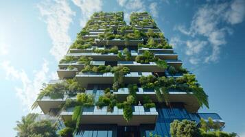 ai généré moderne gratte-ciel bâtiment avec luxuriant verticale jardins photo