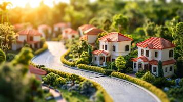 ai généré miniature modèle quartier avec ensoleillé Maisons et des arbres photo