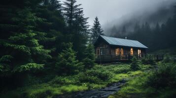 ai généré isolé cabine dans brumeux forêt photo