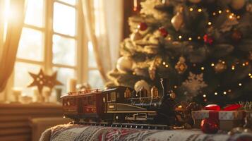 ai généré confortable intérieur avec ancien train jouet et décoré Noël arbre. Noël miracle photo