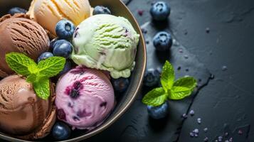 ai généré variété de la glace crème boules dans une bol avec myrtilles et menthe feuilles. assorti la glace crèmes photo