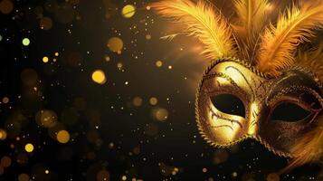 ai généré d'or carnaval masque avec plume sur lumières Contexte photo