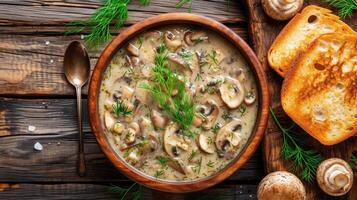 ai généré délicieux champignon soupe avec aneth et pain grillé fermer sur le tableau. horizontal Haut vue de au dessus photo