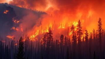 ai généré forêt Feu dans le montagnes photo