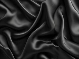 ai généré noir gris satin foncé en tissu texture luxueux brillant cette est abstrait soie tissu panorama Contexte avec motifs doux vagues brouiller belle. photo