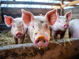 ai généré les cochons attendre alimentation, porc intérieur sur une ferme cour. porc dans le stalle photo