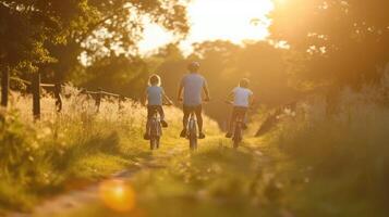 ai généré famille sur cycle balade dans campagne photo